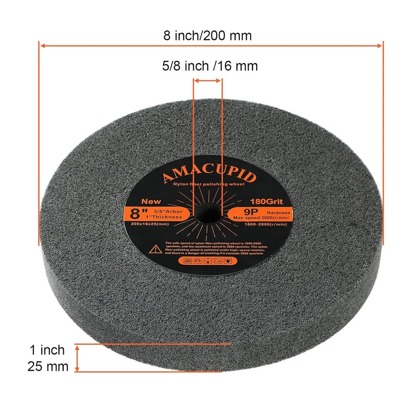 AmaCupid Deburring Wheels, Nylon Fiber Buffing Wheel 8 inch 9P Hardness. Polishing Stainless Steel, etc. Silicon Carbide Abrasive. for Bench Grinder Polishing Machine. 5/8 inch Arbor, 180 Grit - Image 4